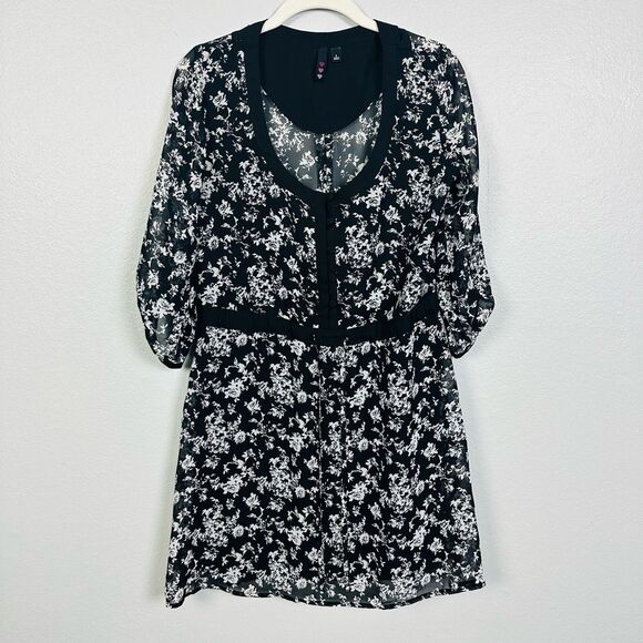Bongo Black 3/4 Sleeve Mini A-line Dress Size M Floral Adjustable Waist Lined - Picture 1 of 11